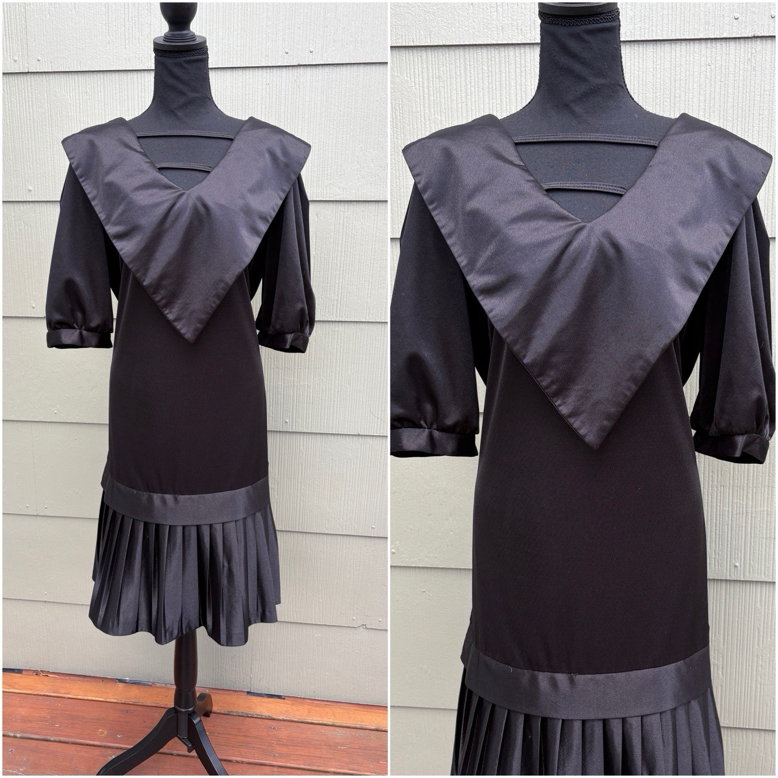 vtg AMY’S PLACE 70s 80s Nautical Sailor Goth Satin Half Sleeve Pleated Dress