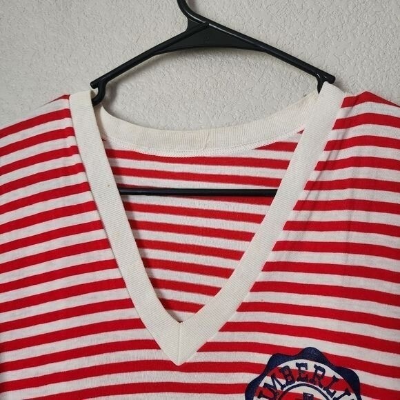 VINTAGE 70s TIMBERLINE CAMP Red White Stripe Tee Dress V Neck Sailor Nautical S