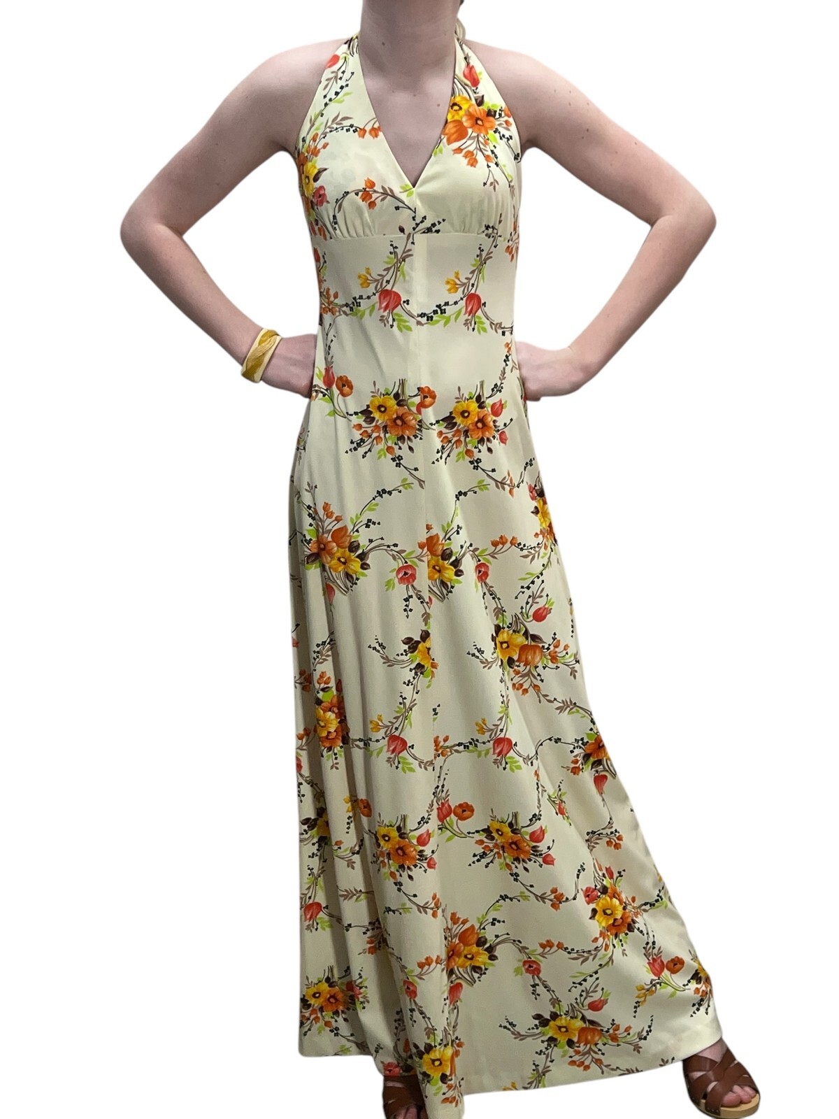 S Vtg 60s 70s Maxi Dress Lined HALTER Open Back ORANGE Floral Flat Knit Boho