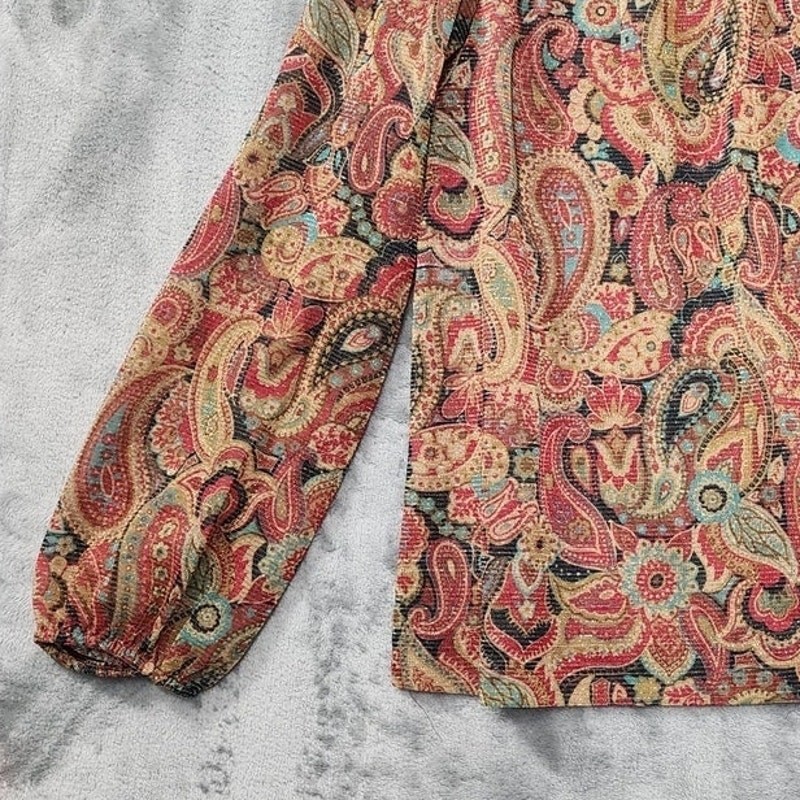 Vintage Russ Top Womens S Multicolor Shimmer Paisley Button Neck Balloon Sleeve