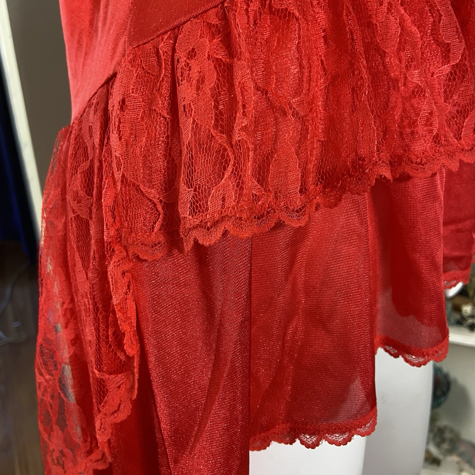 Vintage 80s Stroke of Midnight Sheer Lace Nylon High-Low Negligee Lingerie Large