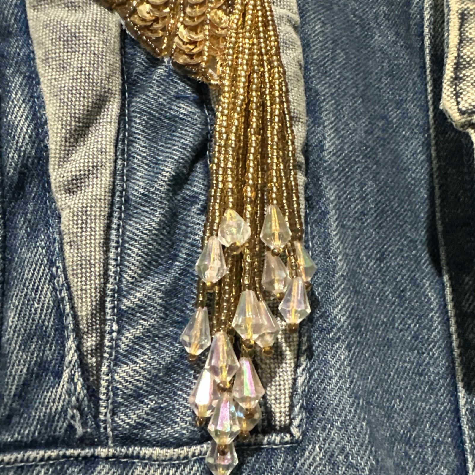 Vtg Mod Maid Denim Jacket Texas Bluebonnet Beaded Gold Fringe Western Cowgirl L