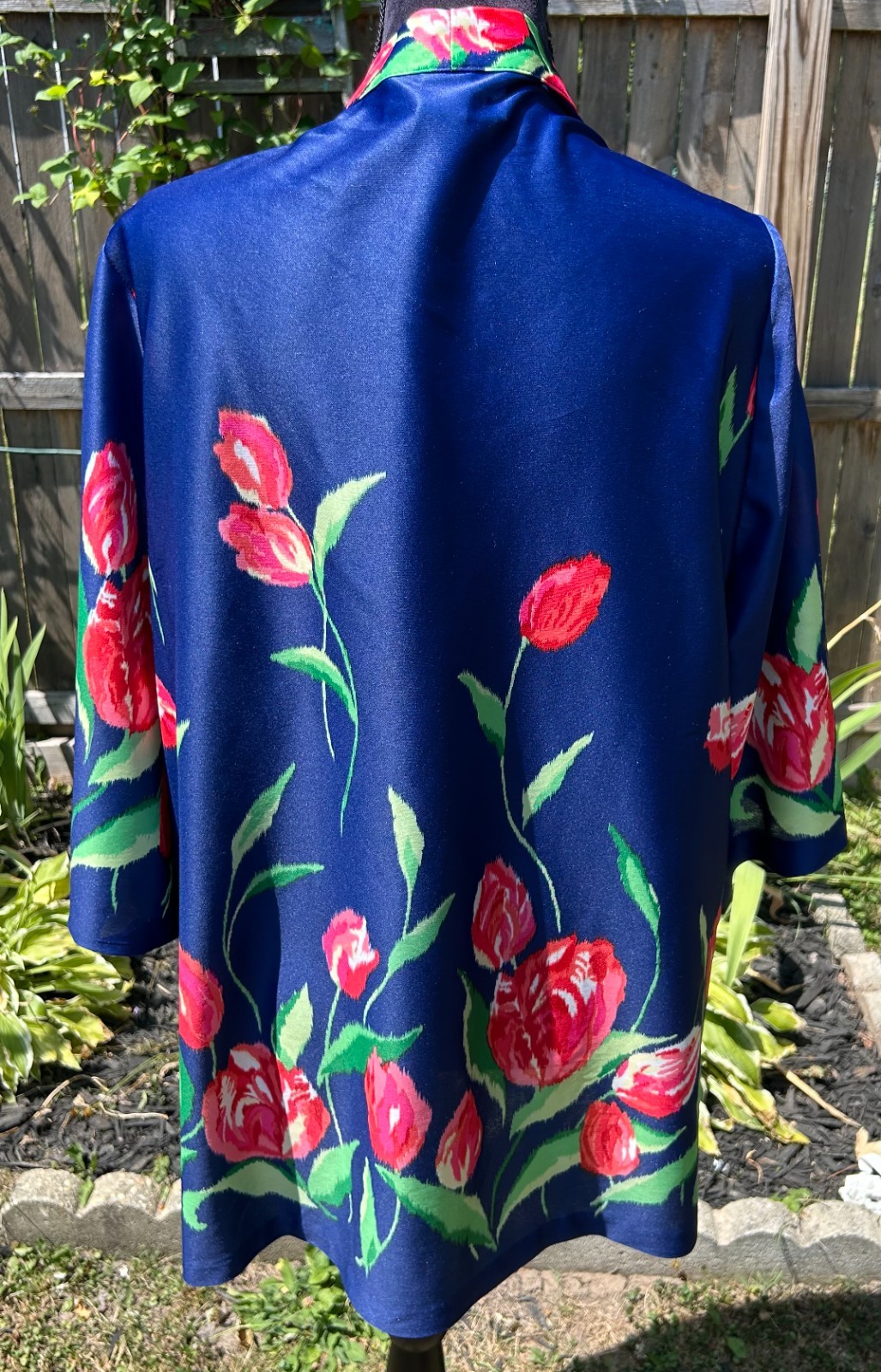 Vintage Top Notch Blue with Pink Flower Polyester Blouse 2x