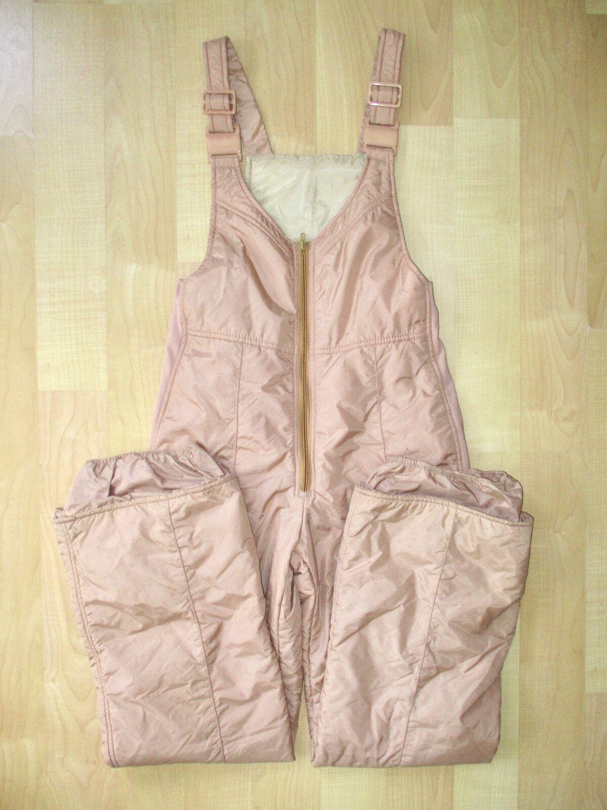 Vtg 70s Ellesse Beconta tan nylon puffer ski bibs jumpsuit adjustable Women’s 14