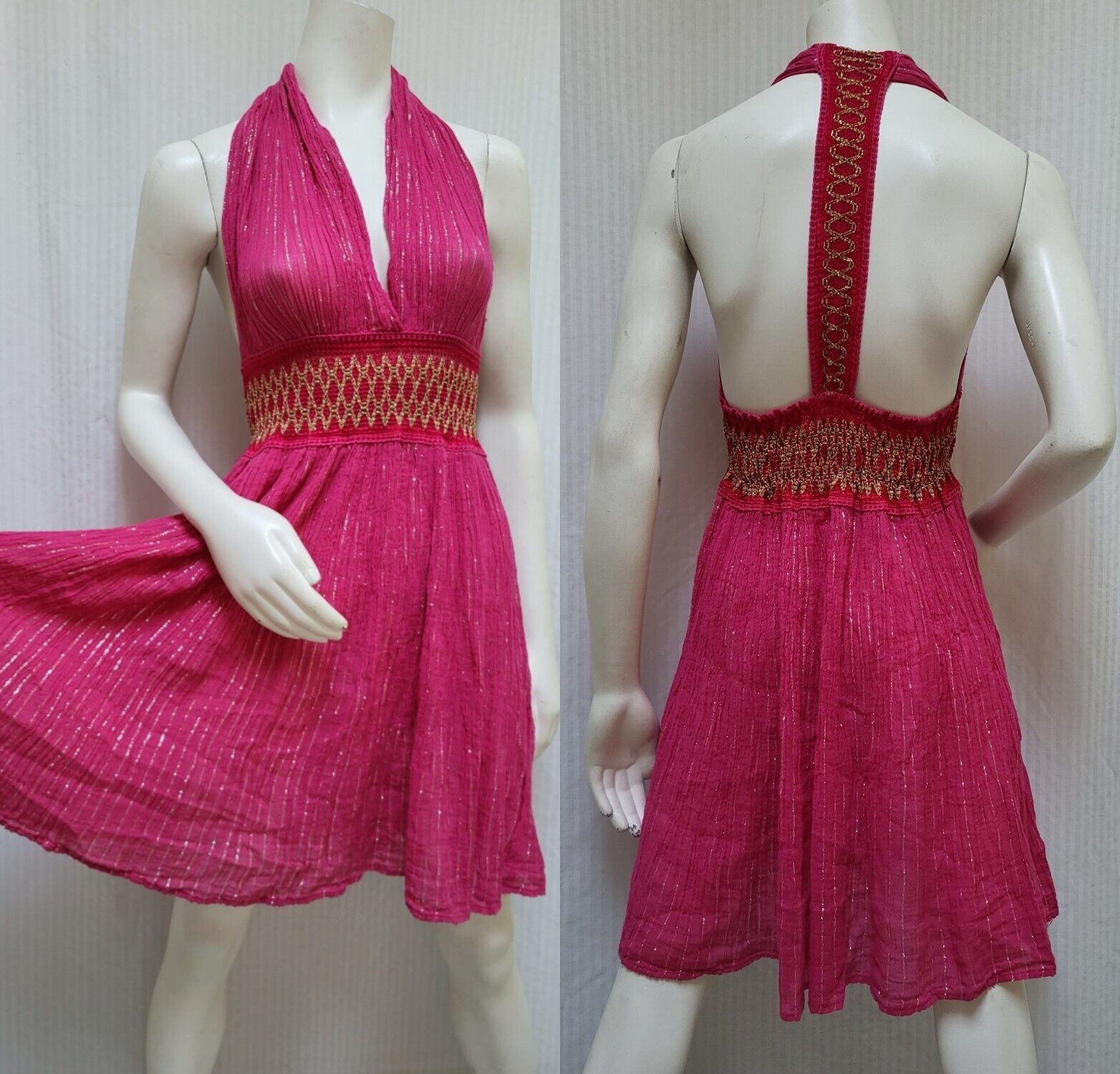 Vintage Pink Cotton Gauze Silver & Gold Lurex Halter Dress – Size S/M – EUC