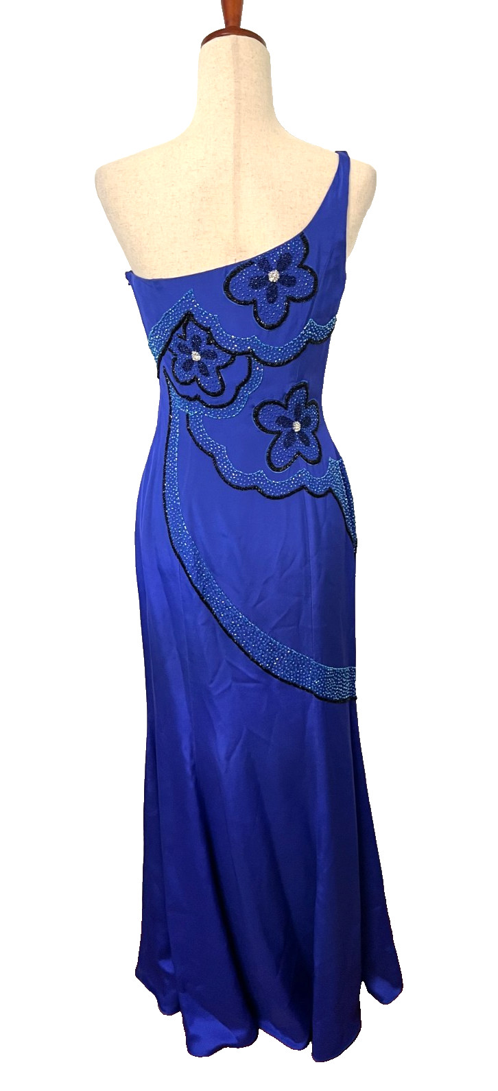 Vtg MIKE BENET FORMALS Sz 8 100% Silk Long Gown Dress Blue Floral Beaded Prom