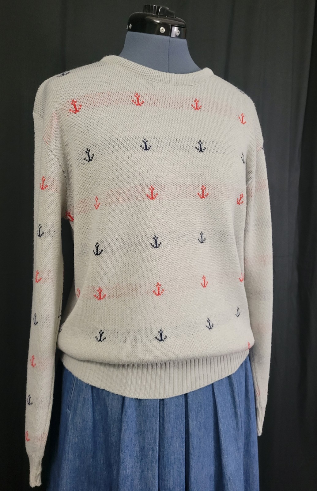Vtg Jersild Grey Crew Neck Sweater w Blue & Red Boat Anchors Nautical Size Med