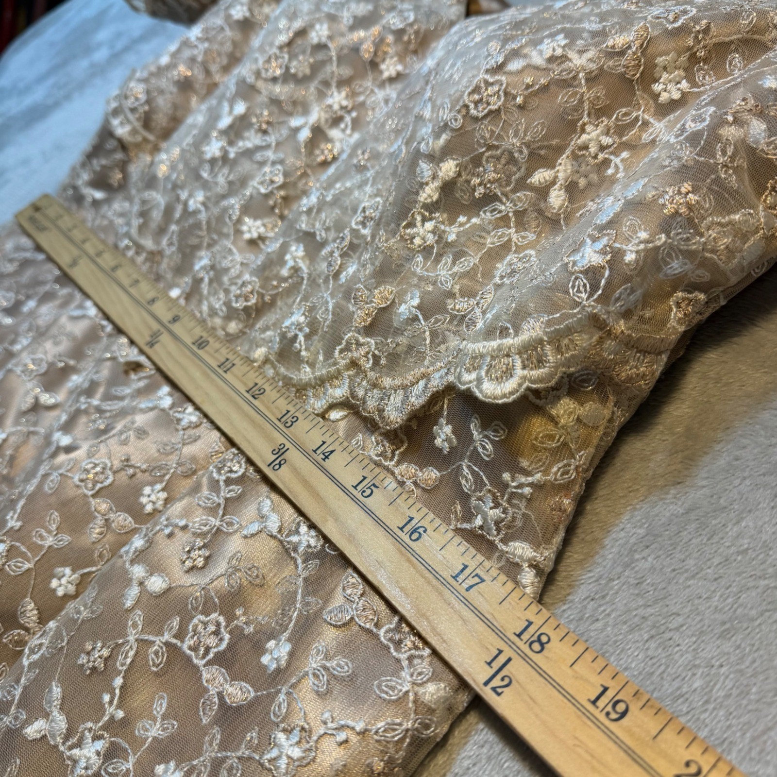 Vintage 90s Champagne Gold Lace Floral Maxi Dress Sweetheart Formal Gown 10