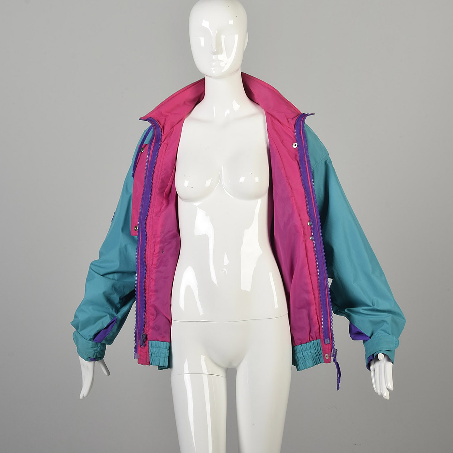 Medium 1980s Teal Windbreaker with Hot Pink and Purple Zippered Snap Closure