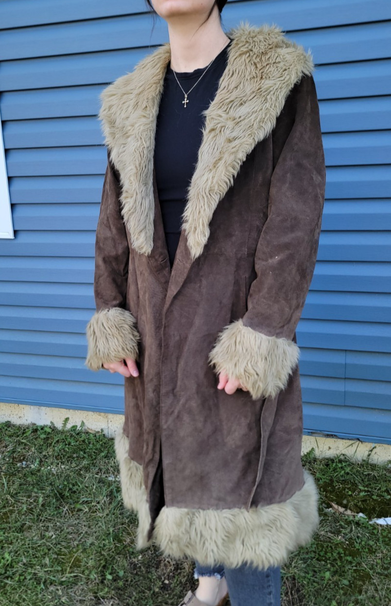 Vintage Penny Lane Coat Afghan Large Brown Hippie Boho Retro Y2K Faux Fur READ