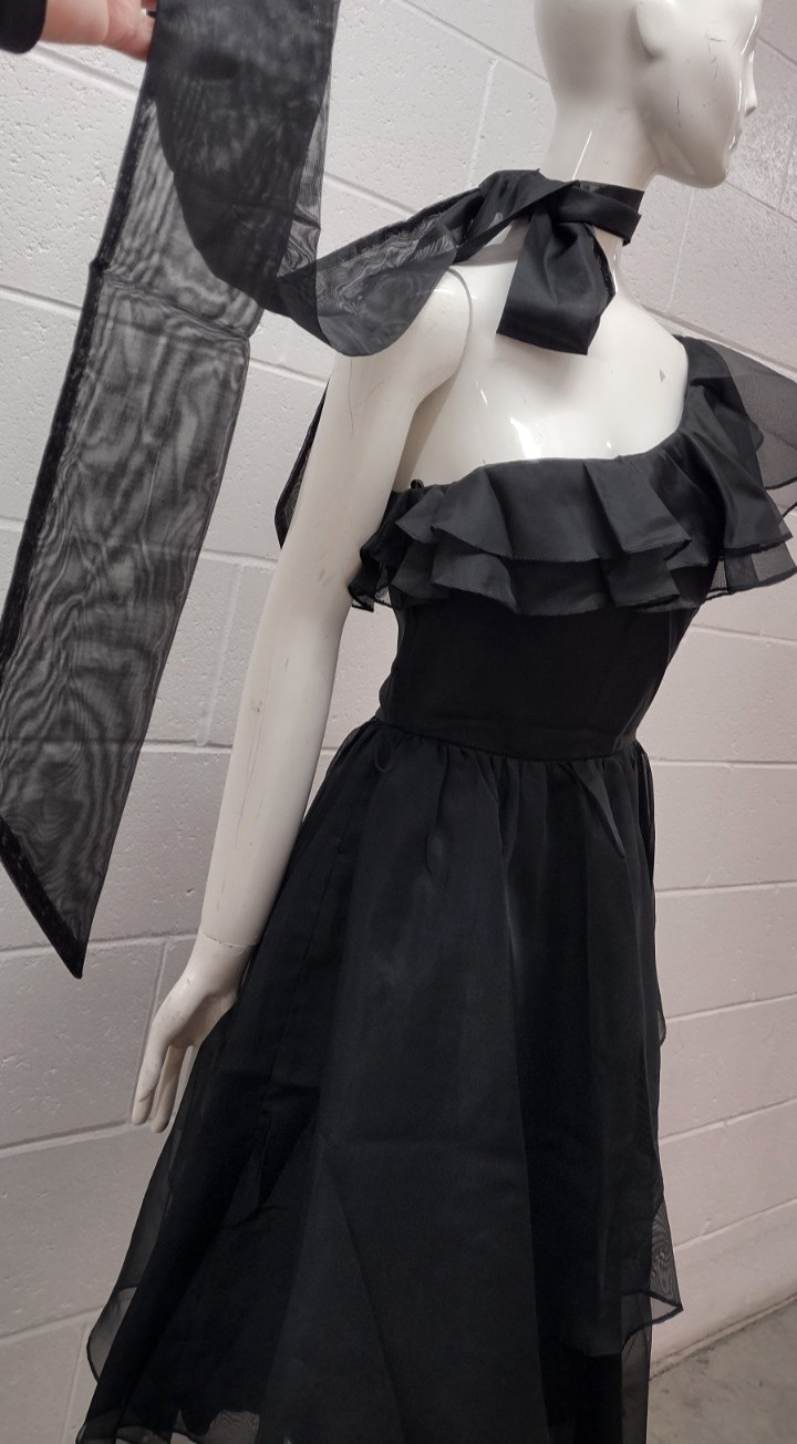 1970s Disco Dress Off The Shoulder Black Poly Nylon Organza Sheer Belted Size S