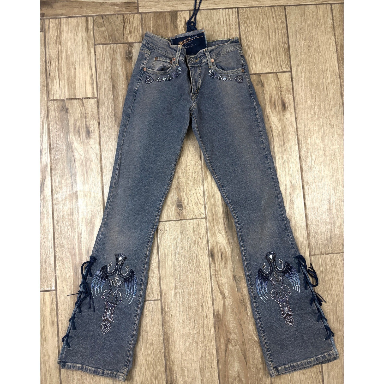 Statement Western Beaded Lace Up Flare Jeans Y2K OOAK Festival Denim