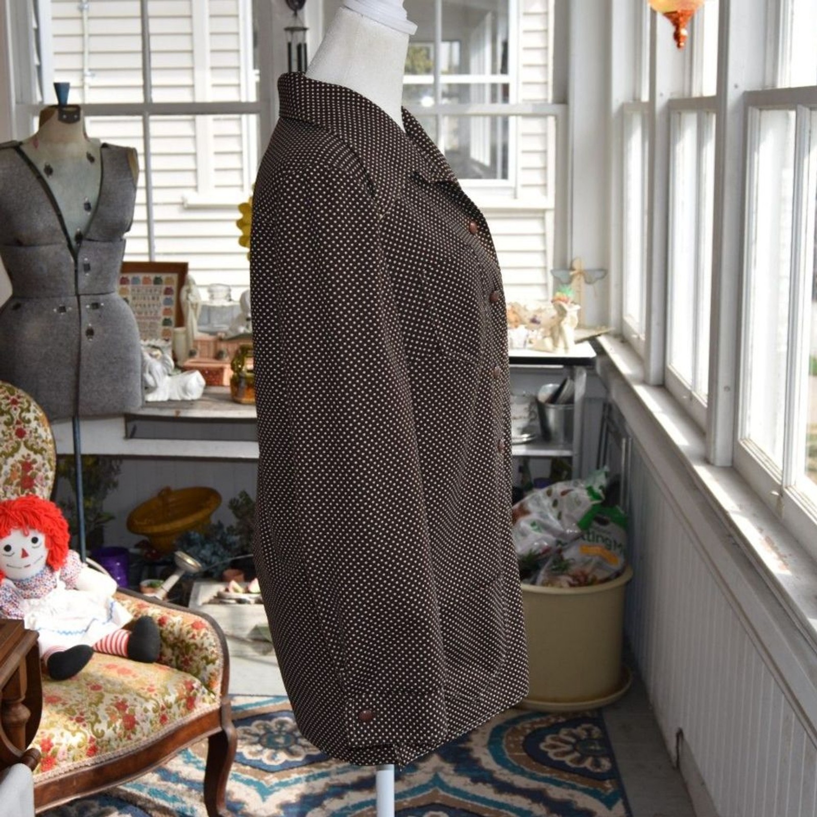 Vintage 70s Three Flags Brown Polka Dot Button Front Shirt Jacket Blouse Medium