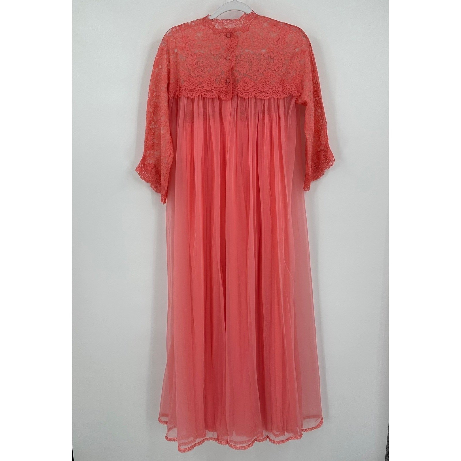 Vintage Womens Coral Lace Sheer Maxi Nightgown Robe Set Romantic Peignoir Size L