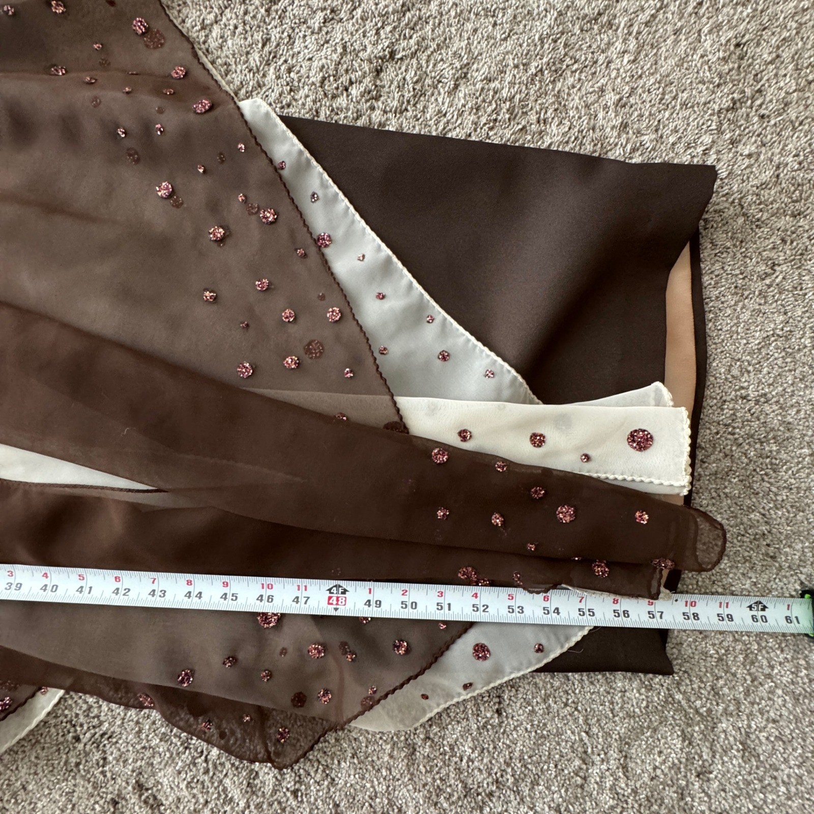 Vintage Handmade Brown Chiffon Glitter Polka Dot Evening Gown Dress Asymmetrical