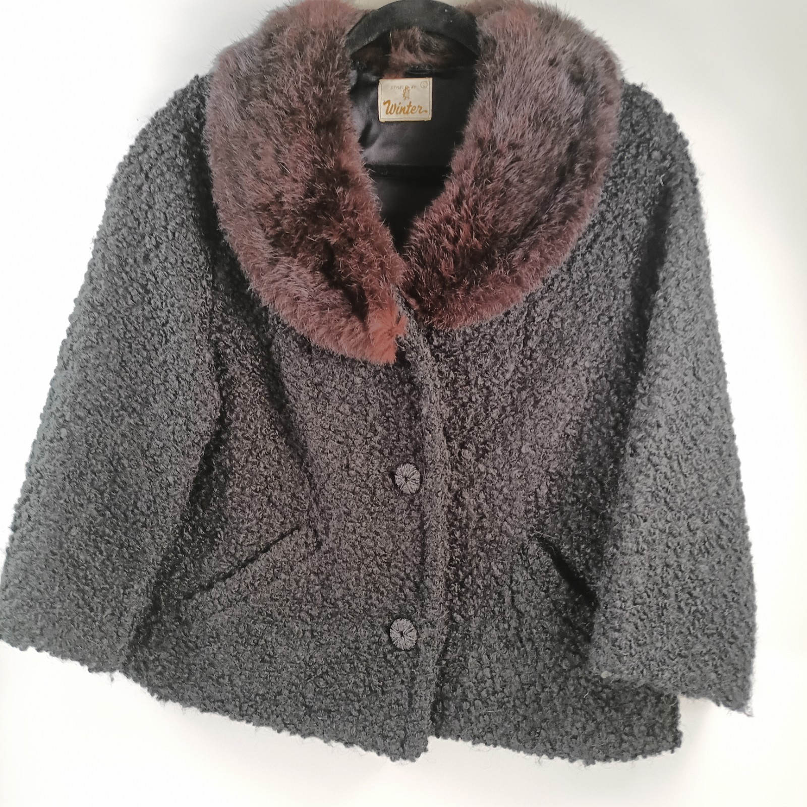 Vintage Black Curly Lamb Crop Jacket with Fur Collar Swing S/M