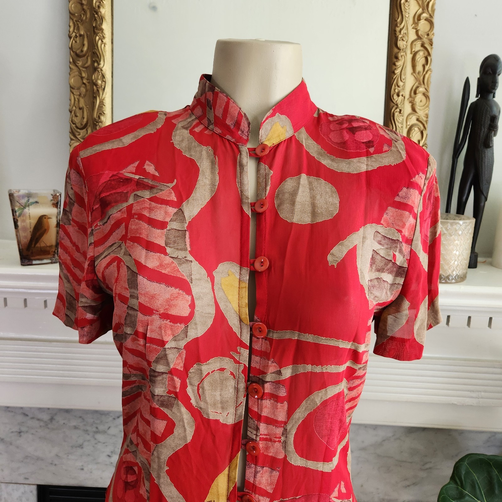 Vintage Y2K Joseph Ribkoff Red Tunic Brown Graphic Art To Wear Boho Size 10