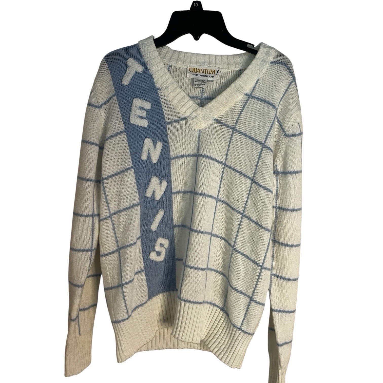 Vintage Women’s Tennis Sweater Quantum! Sportswear M Light Blue Cream V Neck