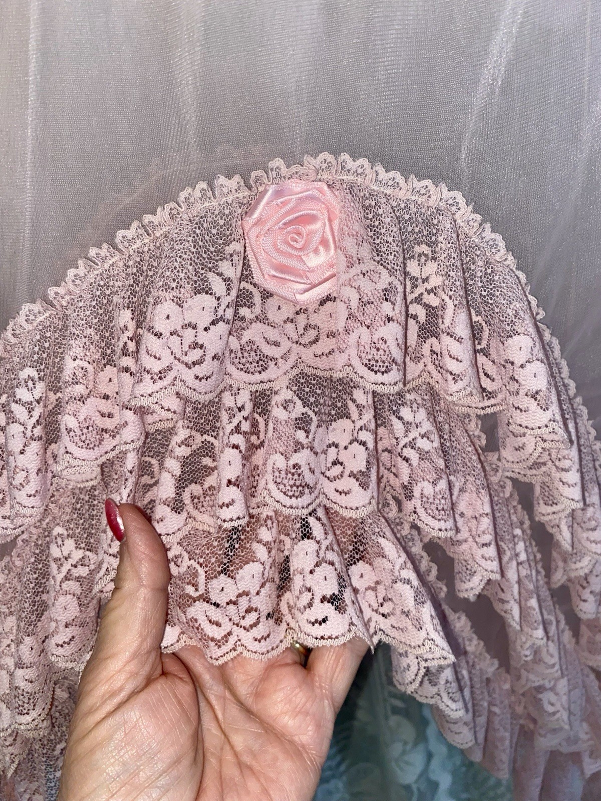 VTG M Dusty ROSE Pink SALOON GIRL Burlesque Lace Top Chiffon Nightie Nightgown