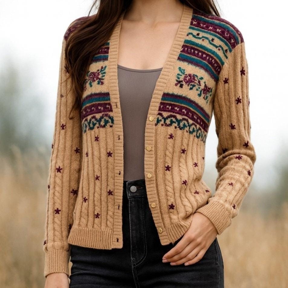 Jantzen VTG Embroidered Fair Isle Boho Cardigan Sweater Women M Tan Cable Knit