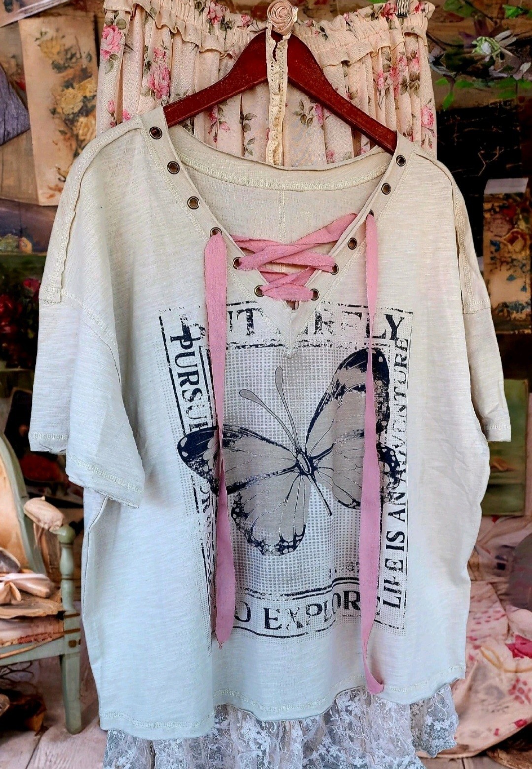 Free People Magnolia Style Gray Cotton hippie boho t-shirt top blouse shirt XL