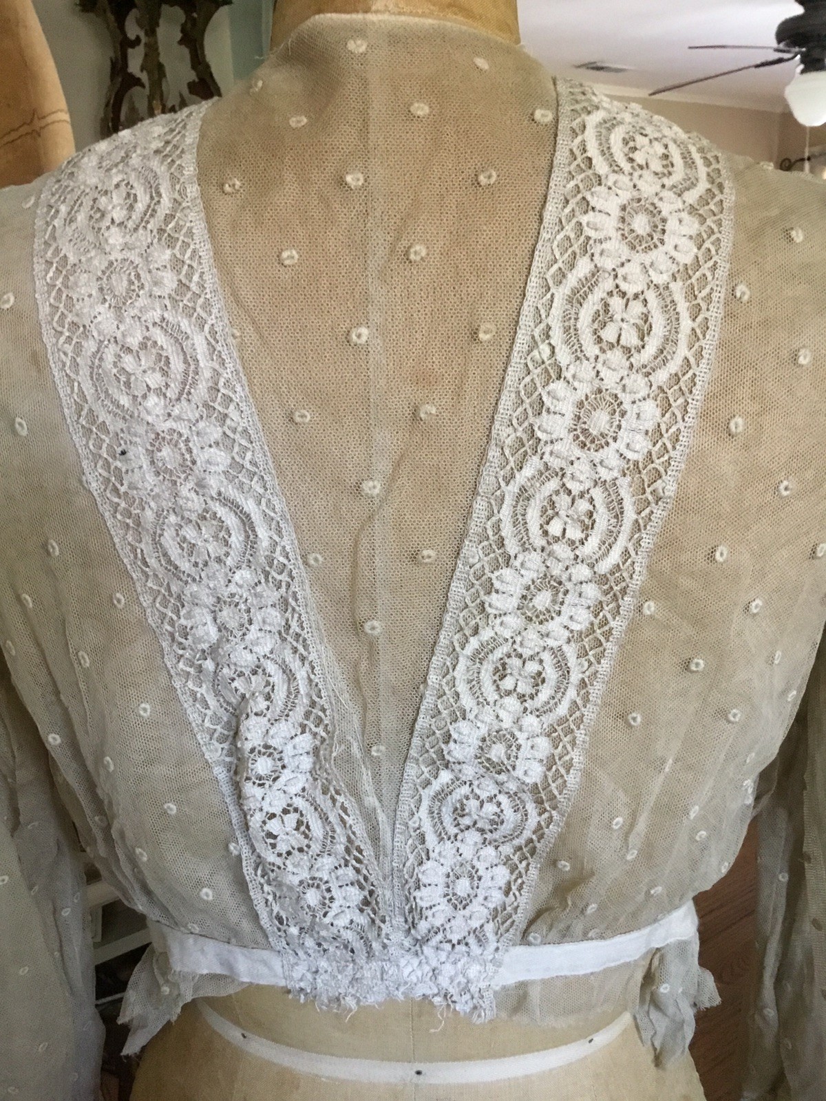 Antique Vintage Edwardian Victorian Net Blouse Lace Detail Ecru Student AS IS