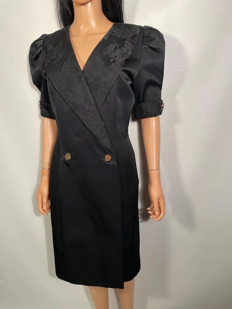 Vintage 1980s Black Taffeta Tuxedo Dress With Floral Brocade Collar Size S/M