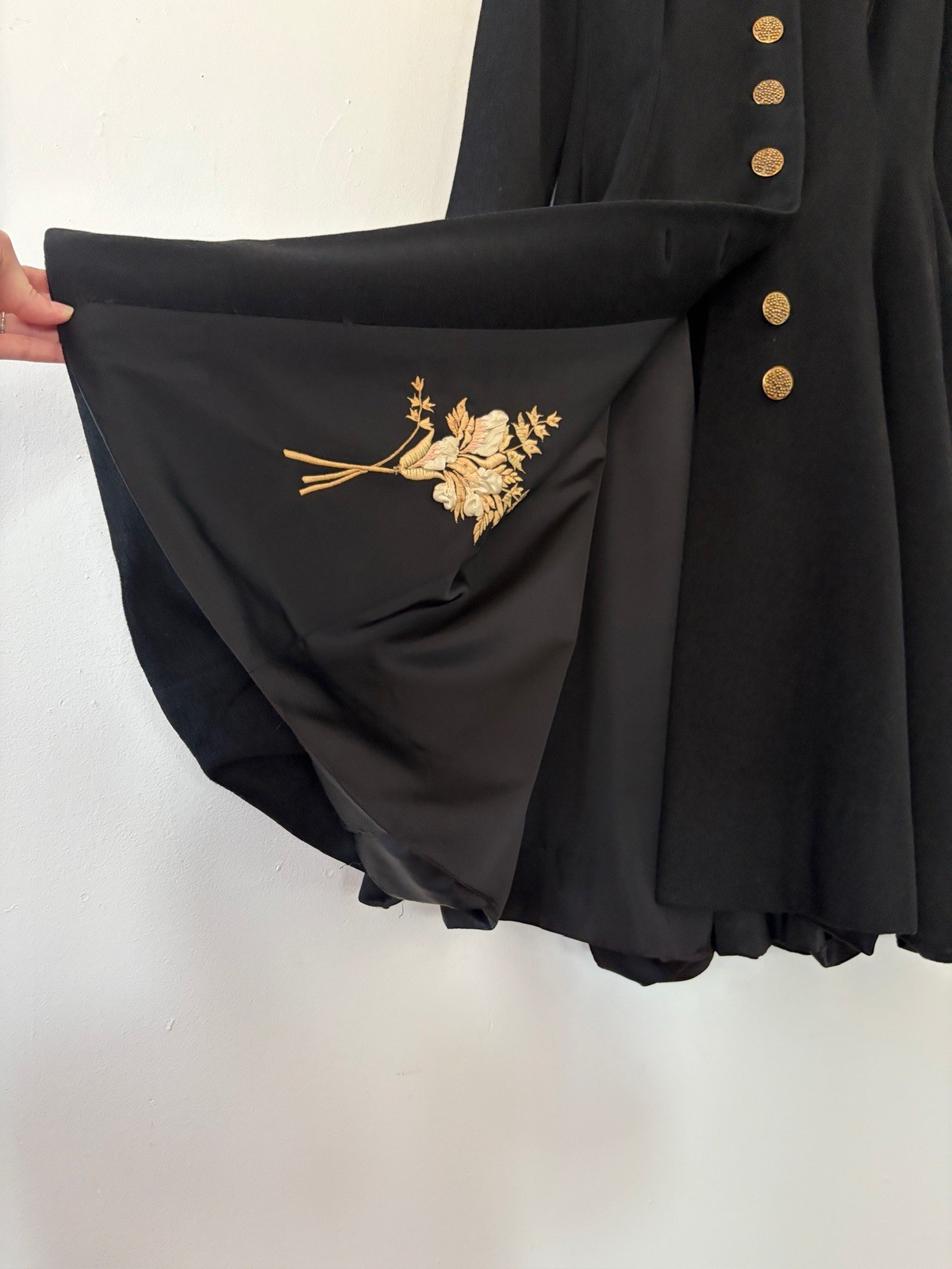 Vintage 1950s Black Wool Swing Coat Dress Princess Line Appliqué Formal New Look