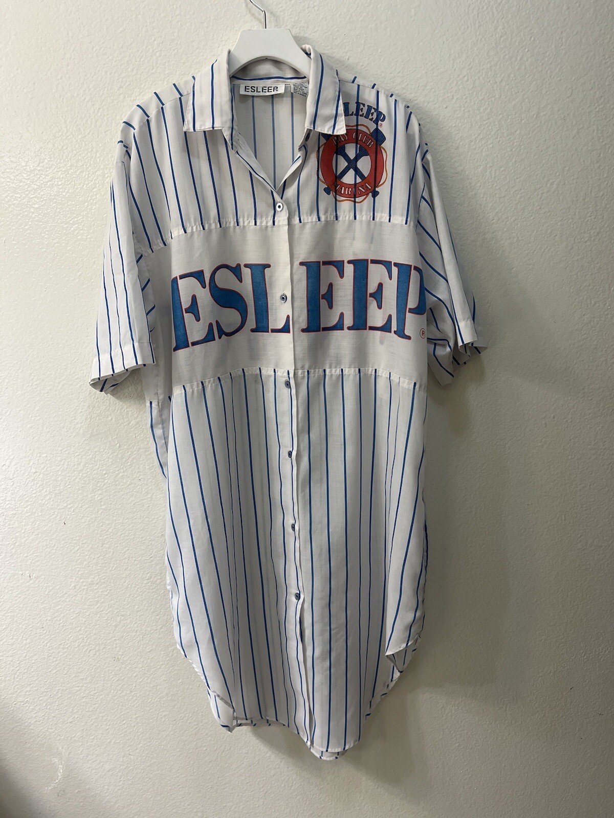 ESLEEP Bay Club Marina Blue Striped Button Up Pajama Shirt Womens One Size.