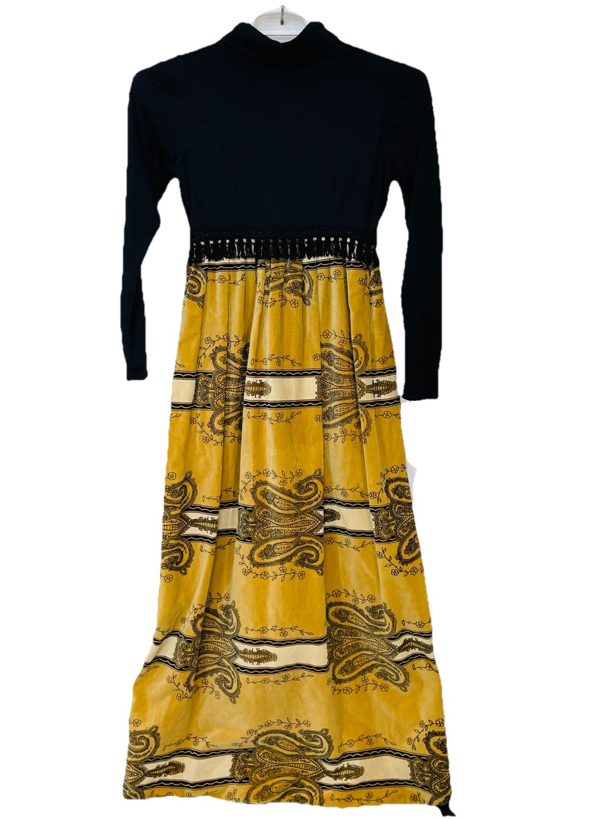 Marsal Park Ave Maxi Black Tan 70’s Paisley velvet Tassels Classic/boho Vtg Rare