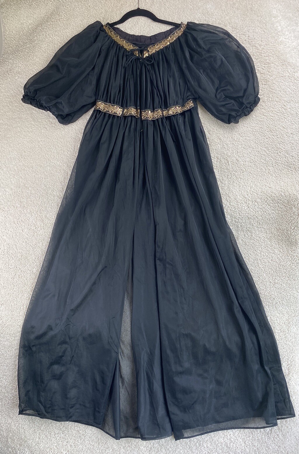 Vintage Robe Small Sheer Chiffon Dressing Gown Black Long Puff Sleeves Lingerie