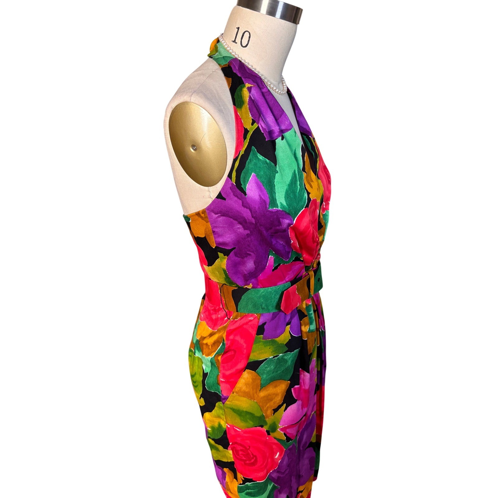Floral Print Unbranded Halter Sheath Belted Pockets Midi Dress 6 Multi Vintage