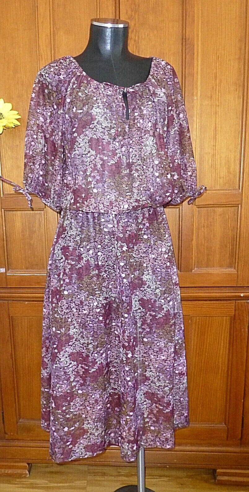 VTG 70s 1970 Sheer Floral print Puff Slv BoHo Cocktail Secretary Peasant DRESS L