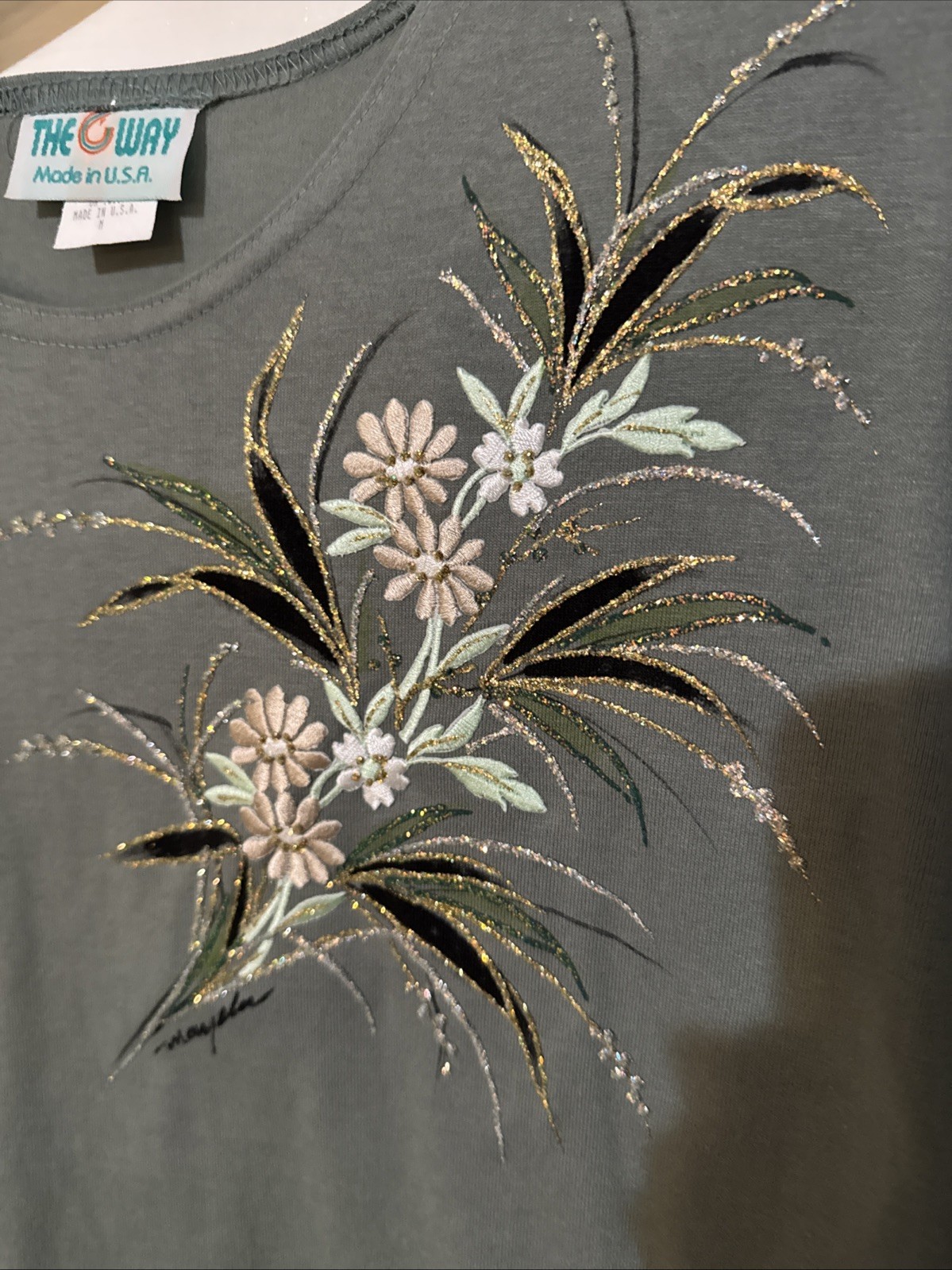 Vintage Floral Embroidered Glitter T-Shirt Bye The Way USA Medium