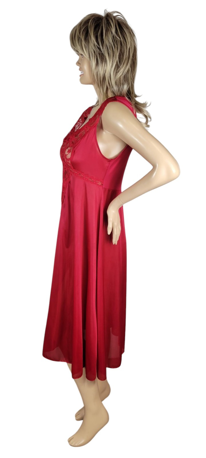 Vintage Soft Moments New York Red Nylon Satin & Semi Sheer Lace Slip Nightgown L