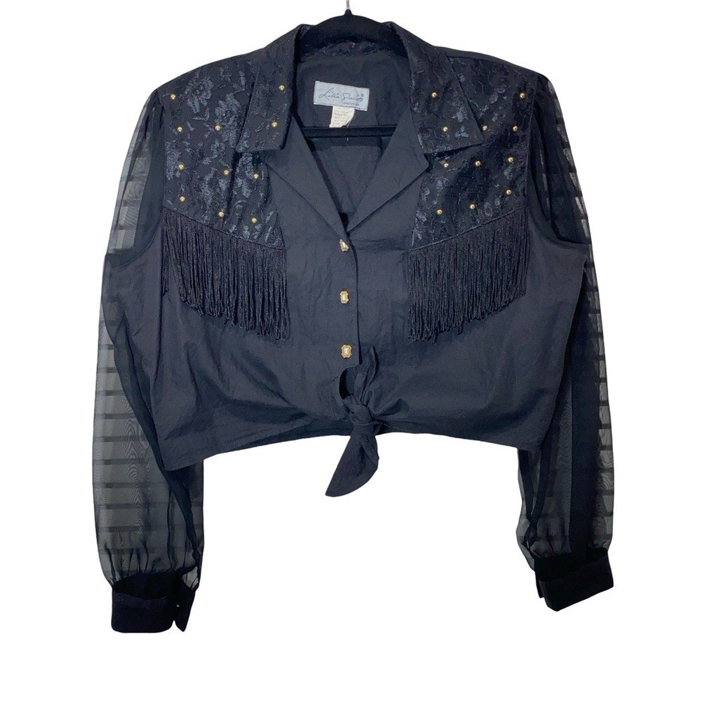 VTG Lilia Smitty Western Rodeo Top Fringe Studded Sheer Mesh Sleeves Fits an XL