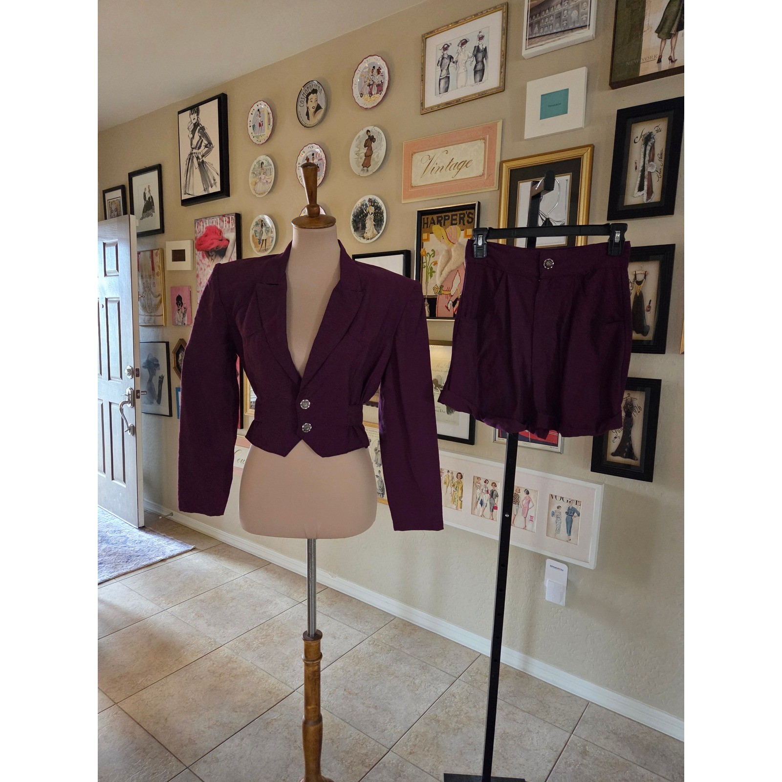 Vintage BIA Born in America 80s Plum Purple Cropped Blazer and Shorts Suit Set