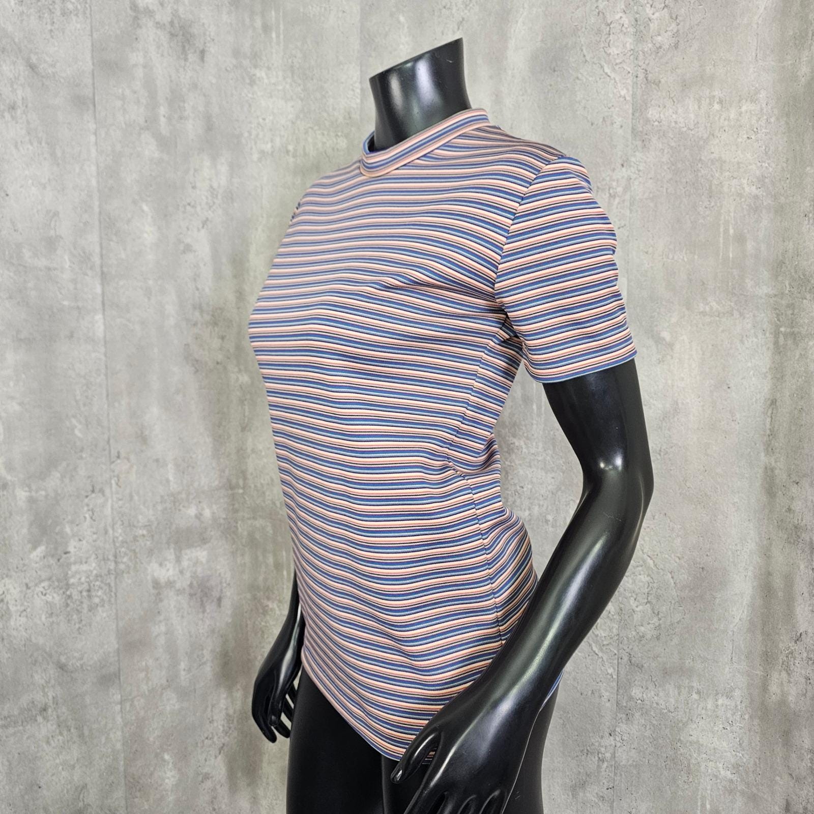 Vintage 70s Rainbow Stripe Mock Neck Tee Double Knit Polyester Mod Top Handmade