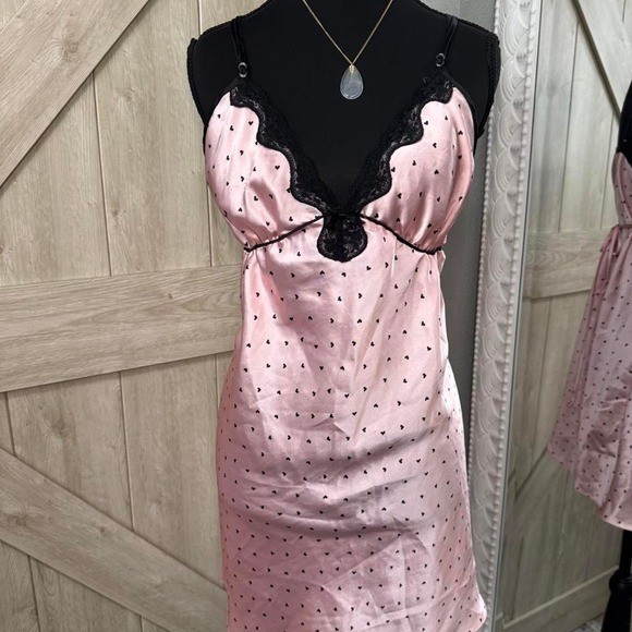 Y2K Pink Heart Slip Dress Lingerie with Black Lace – Large