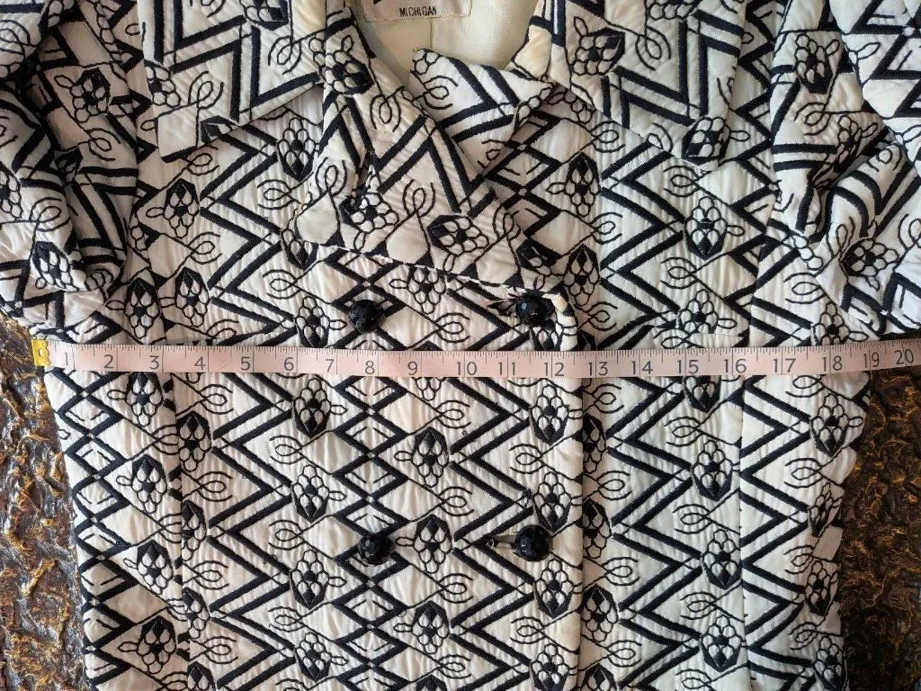 Count Romi Vintage 60s/70s Mod Coat Navy White Geometric Trapunto Matelasse M