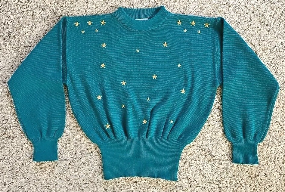 Vtg Meister Sweater Womens Small 90s Ski Cuffed Waist Teal Green Gold Stars Twee