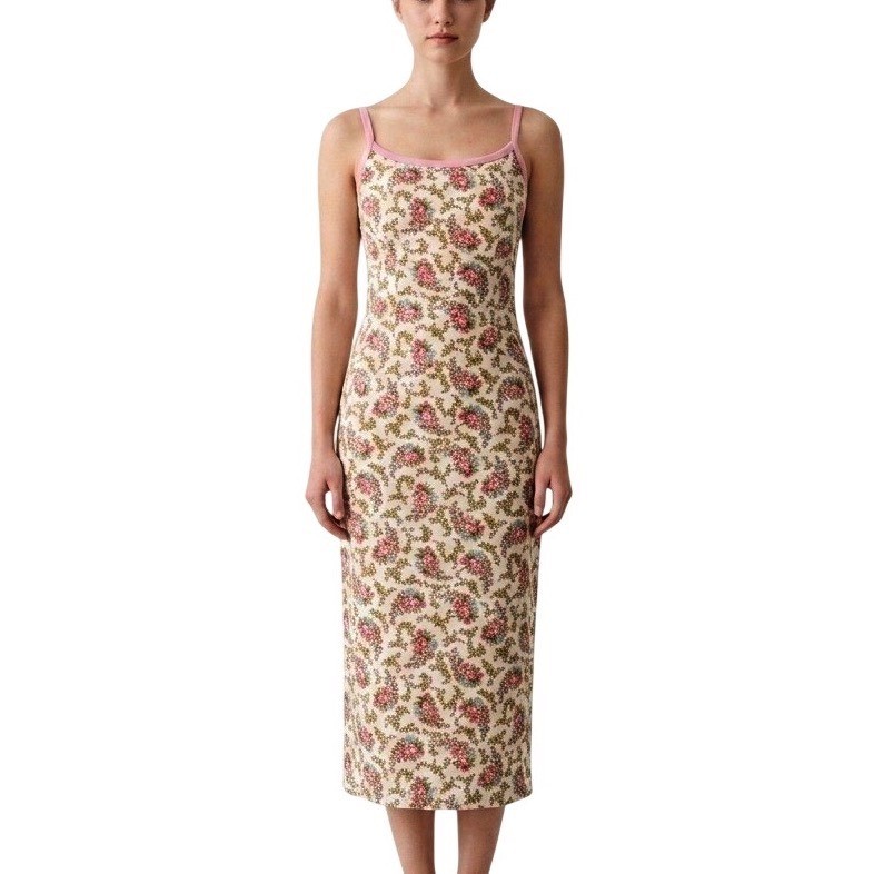 Vintage Floral Midi Slip Dress Pink Trim Y2K Cottagecore Coquette Aesthetic S/M