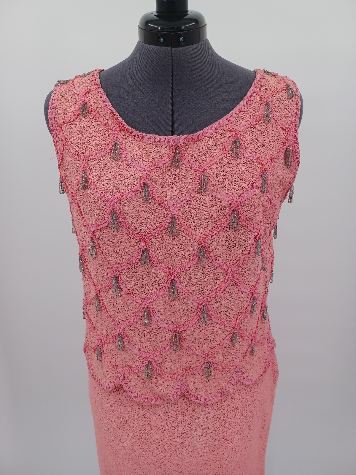 Vintage 1960s APOLLO Of New York Pink Knit Skirt Wiggle Beaded Shimmy Top