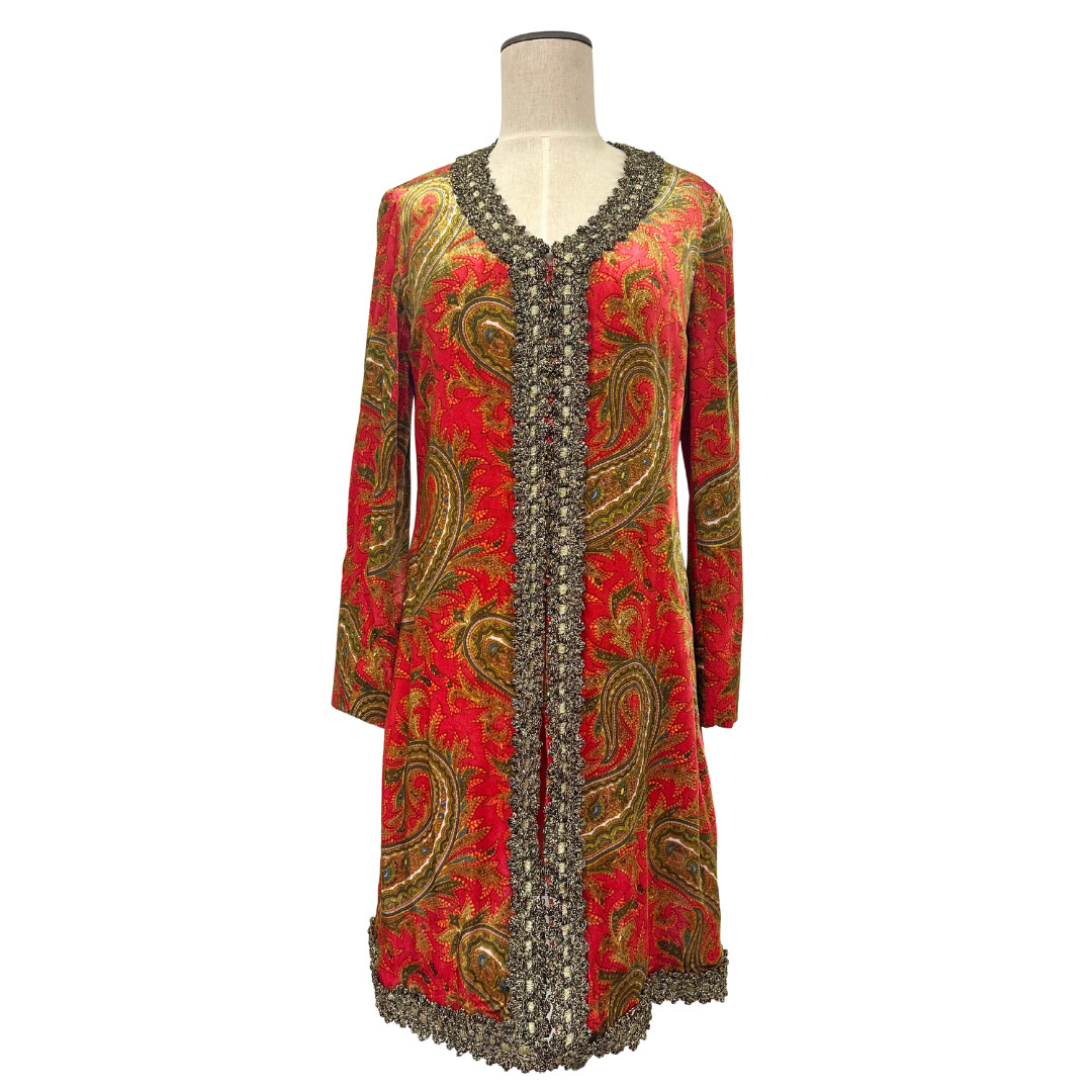 Vintage 1970s Bill Blass Red Velvet Gold Paisley Metallic Tunic Saks Fifth Ave