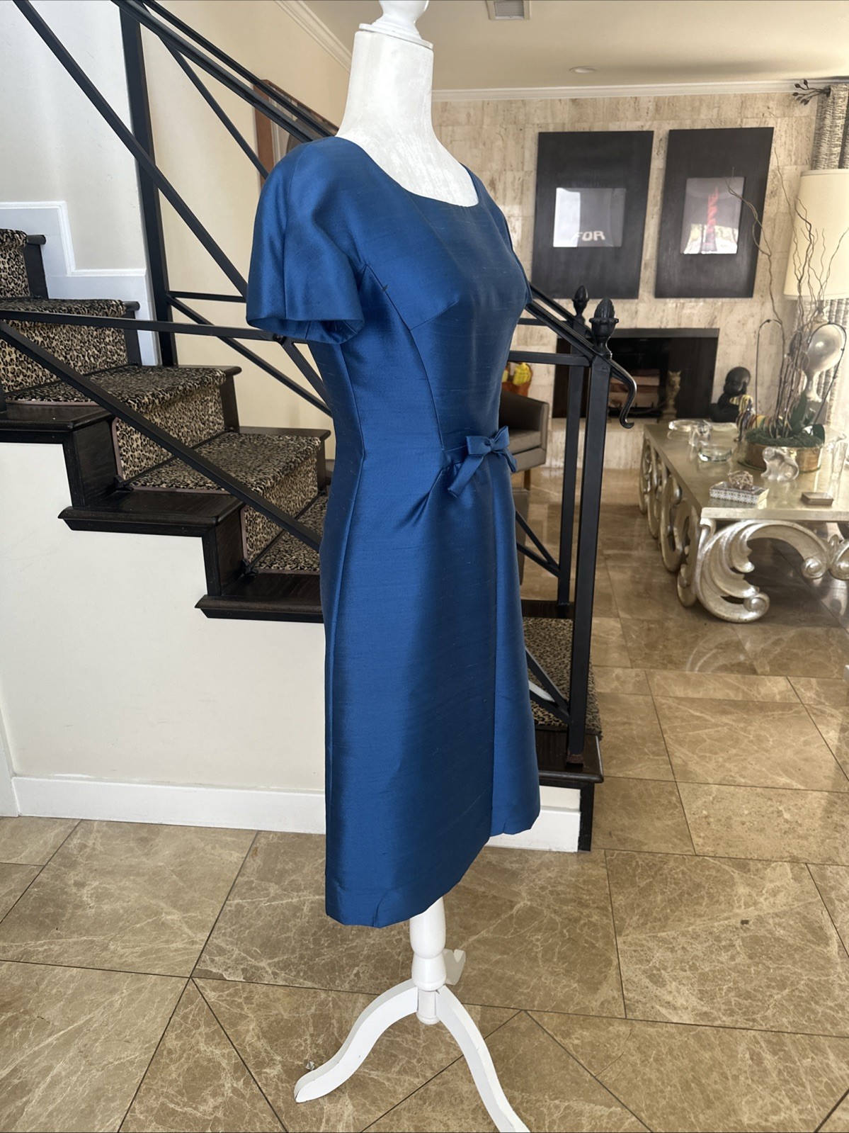 Hannah Troy VTG 50s Marine Blue Stiff Raw Silk Cocktail Dress Short Jacket S