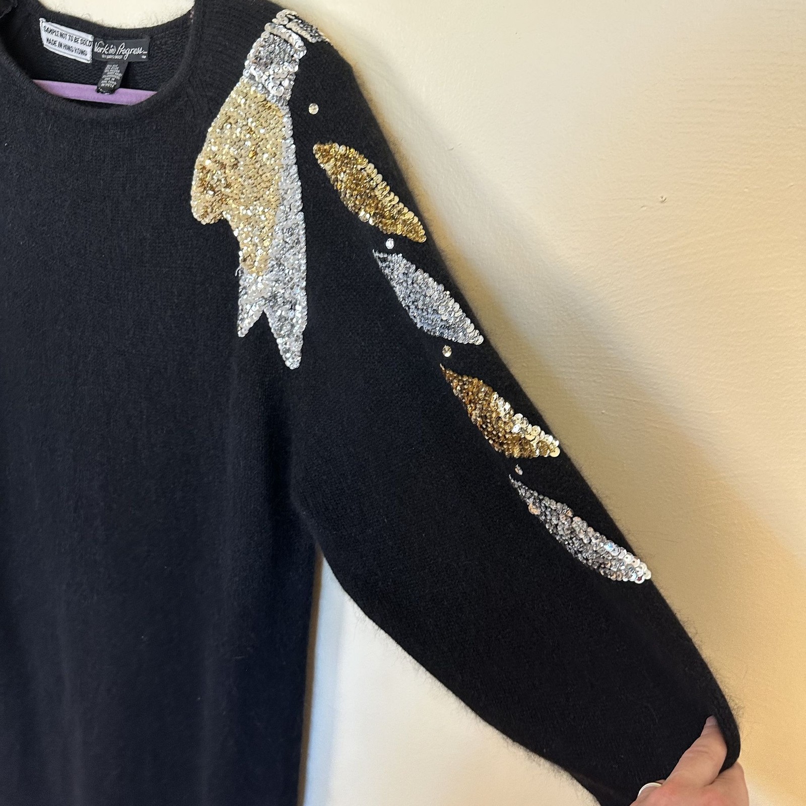Vtg Black Sequin Embellished Sweater Dress By Gladys Bagley Womens 90s Silk