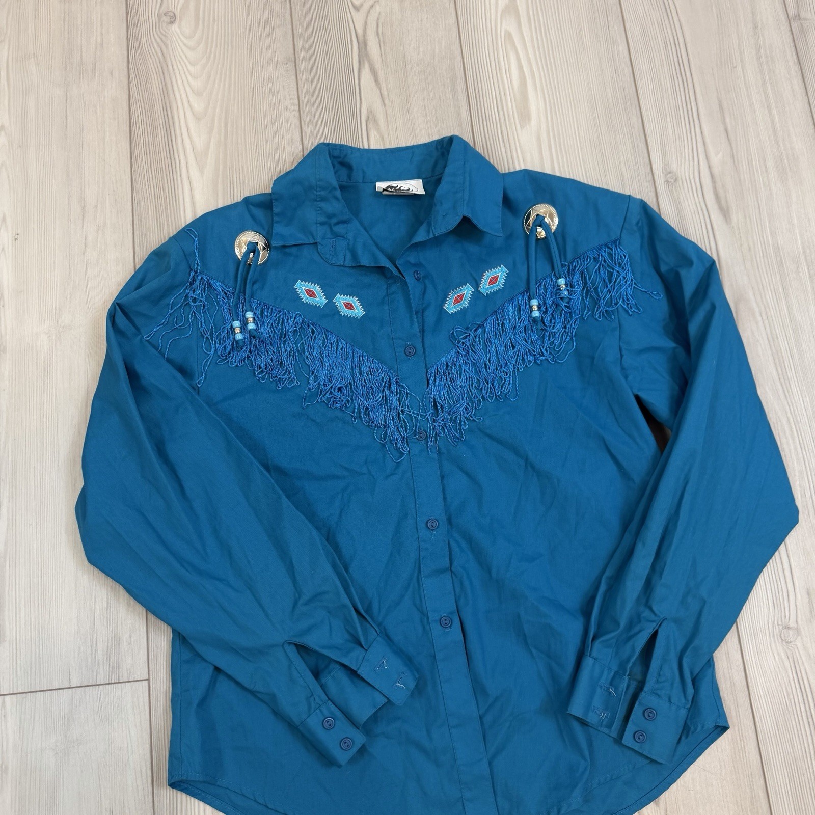 Vintage Western Collection Blue w/ Fringe Embroidered Bolo Long Sleeve Meduim