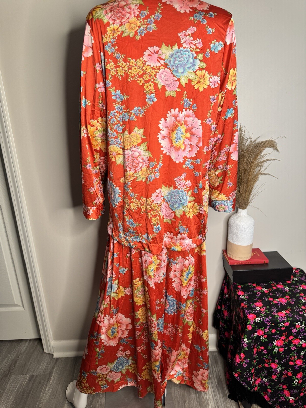 1960S Vintage Vanity, Fair Red Floral Pants, Pajamas Set Boho Chic Two Piece Set