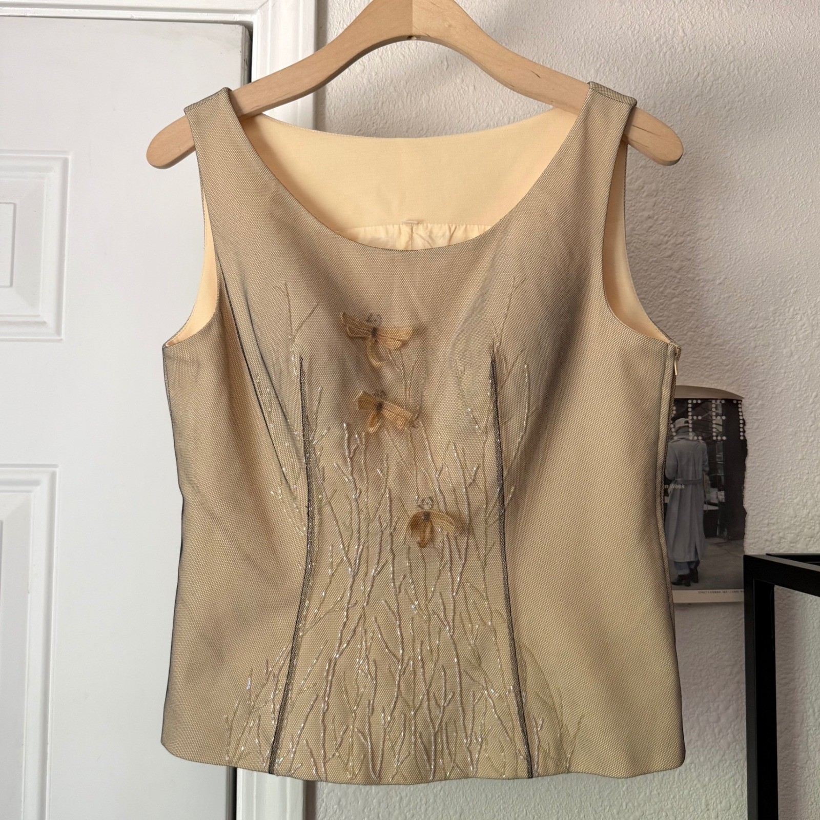 No label vintage butter yellow black beaded mesh overlay dragonfly bustier top