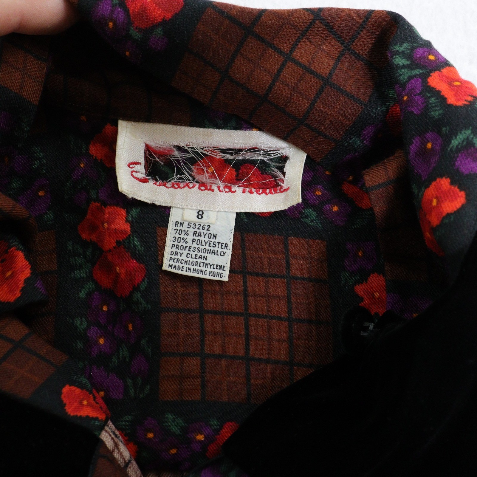 Vtg Oscar de la Renta Miss O Skirt Suit Floral Brown Plaid Velvet Trim Women 8
